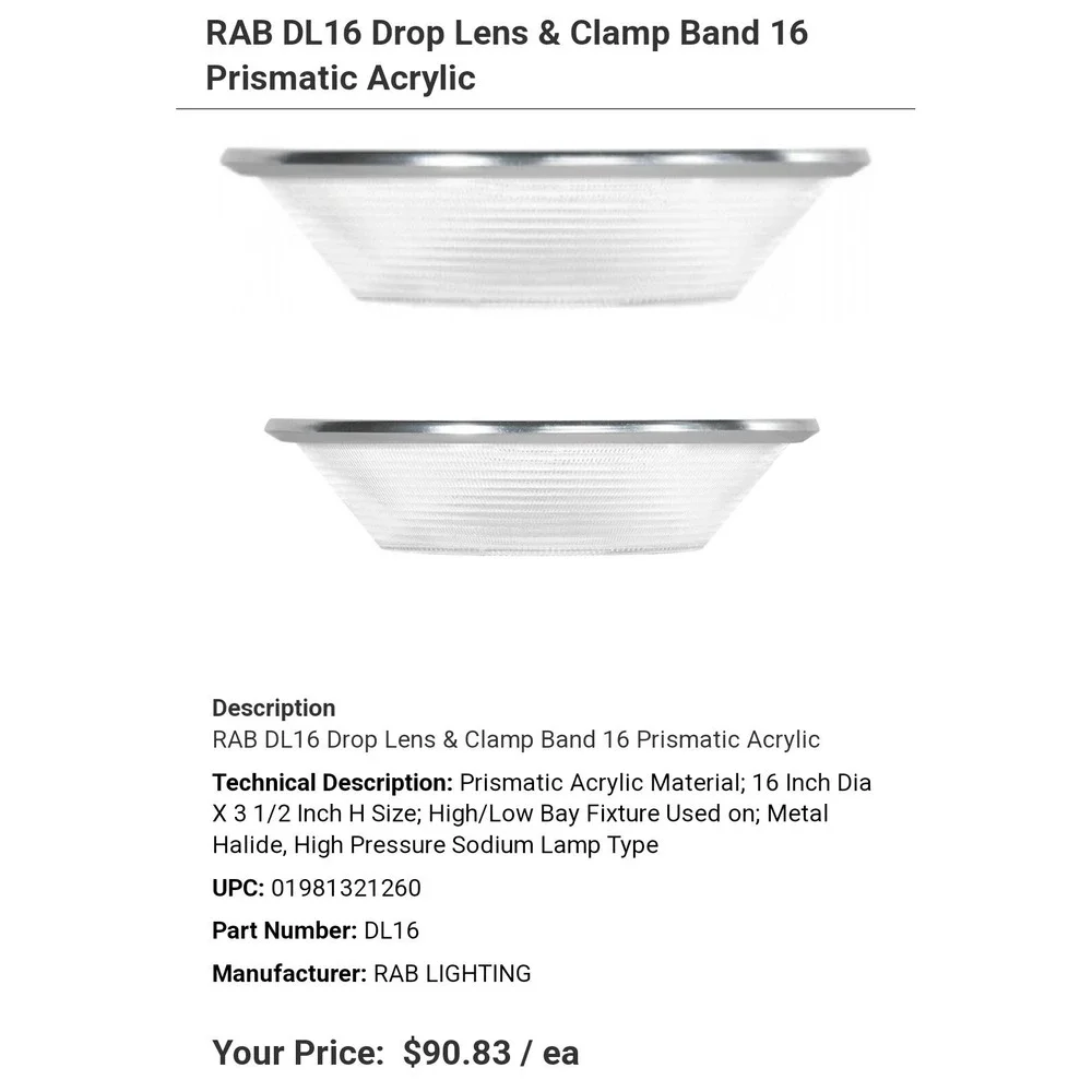 RAB DL16 Drop Lens Clamp Band‎ 16 Prismatic Acrylic Lighting Fixture